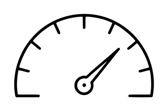 Minimalist black line speedometer gauge vector icon illustration with needle pointing to high speed on semicircular dial with tick marks and pivot center for performance and measurement graphics