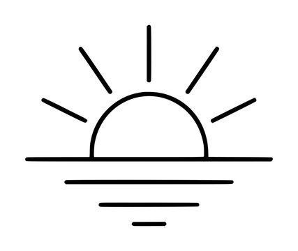 Hand-traced minimal sunrise over water vector icon, clean line-art illustration depicting half sun with radiating rays rising above horizon and reflective wave lines in elegant monochrome outline