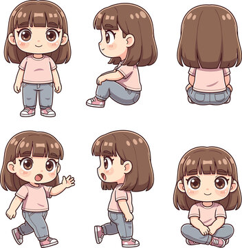 Set of cute anime girl character poses in various views and actions