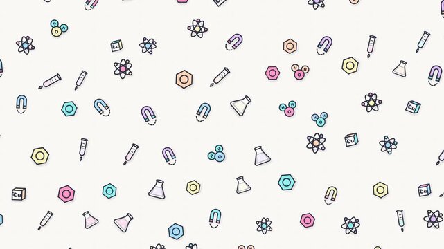 Colorful science and chemistry icons moving in a playful animated pattern on a clean white background