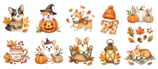 Obraz premium Cute autumn corgi watercolor collection, cozy seasonal and Halloween illustrations. Collection of Vector illustrations for invitation, card, poster, banner, decoration