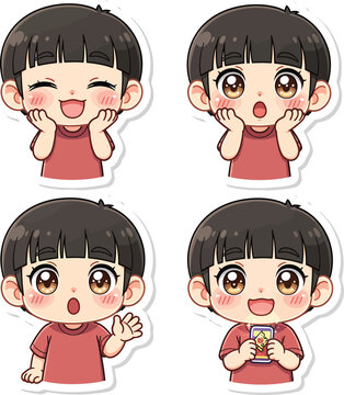 Set of cute chibi boy character stickers showing different facial expressions