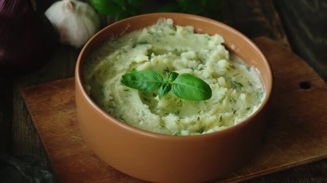 Bowl of mashed potatoes with fresh basil on rustic wooden table. Thanksgiving meal.