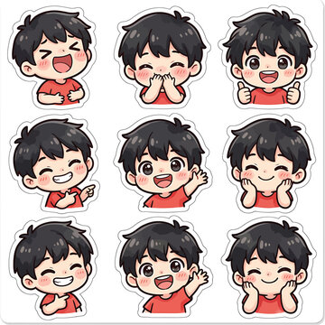 Set of cute chibi boy stickers with various happy facial expressions
