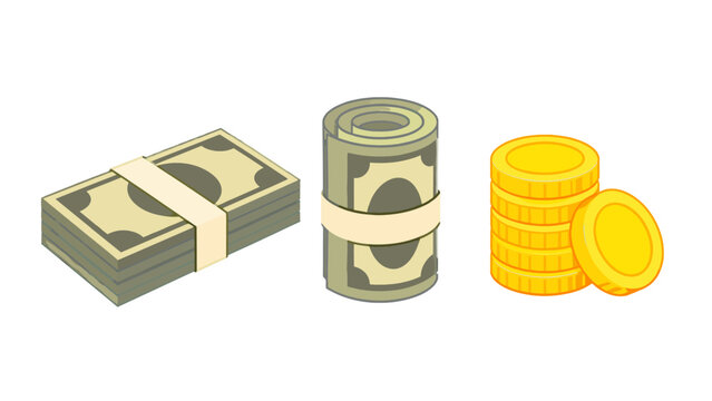 Vector cash bundles with rolled banknotes and stacked gold coins