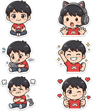 Set of chibi boy gamer stickers showing different emotions and gaming