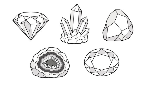 Monochrome line art set of faceted gemstones and crystals