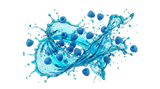 Fresh blueberries splashing in blue liquid isolated transparent background