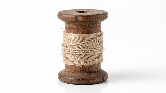 A vintage wooden spool wrapped with natural brown jute twine isolated on a clean white background for rustic craft and sewing projects