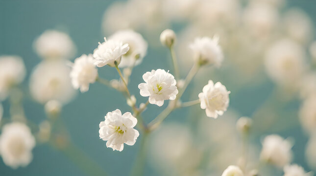 Beautiful delicate white baby breath flowers soft focus macro photography on a muted teal background