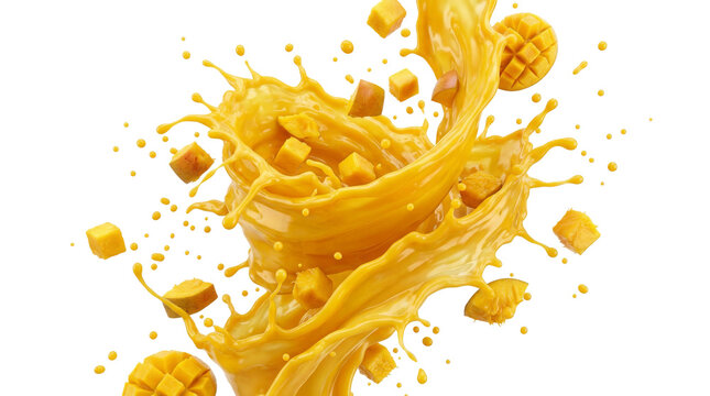 Fresh mango fruit slices and juice splash isolated transparent background