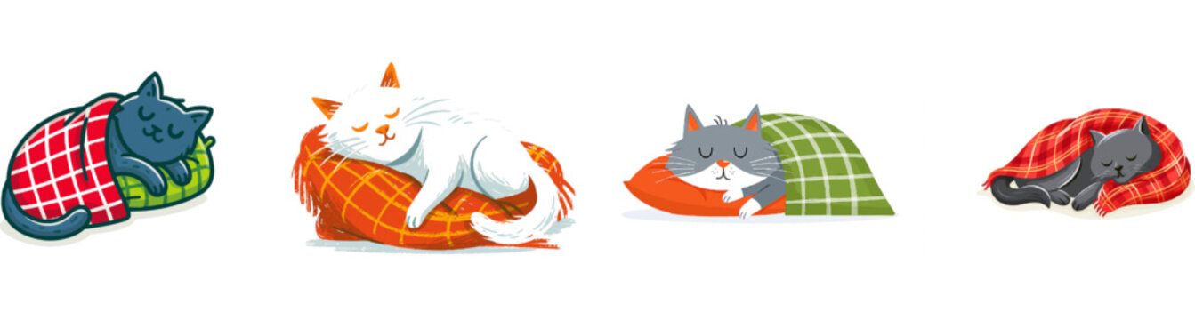 A serene cat naps peacefully, cozily wrapped in a red checkered blanket atop a green striped pillow
