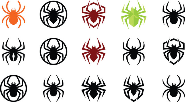 Spider icon set with 15 vector elements, minimalist arachnid silhouettes for Halloween and gaming, black and colored spider logos for web design