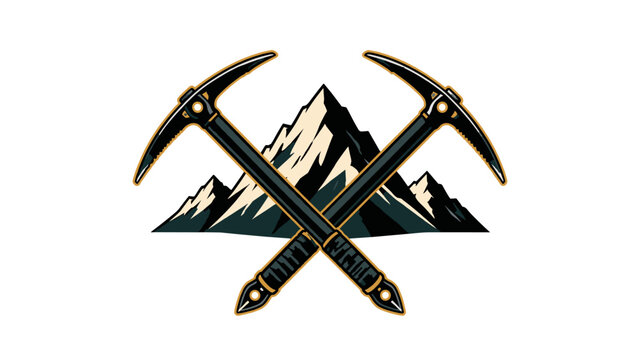 Crossed ice axes with mountain peak emblem vector logo