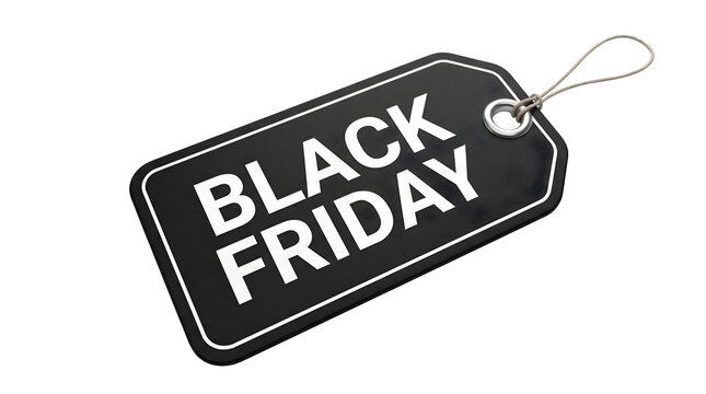 Black friday sale tag with white text isolated on transparent background