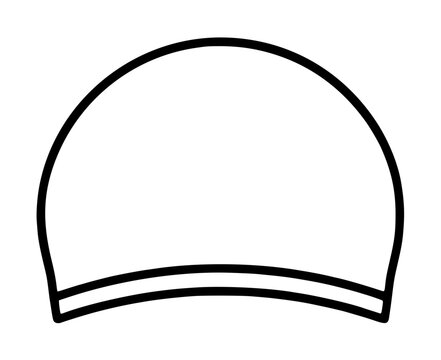Hand-drawn swim cap outline vector icon illustration featuring a classic rounded silicone swimming cap with curved brim, minimalist black line art design on white background, suitable for aquatic