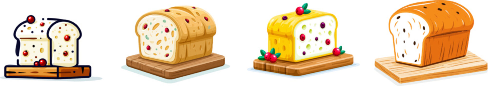 A flat vector illustration depicts two slices of cranberry bread on a wooden board, adorned with red berries and golden raisins, set against a crisp white background