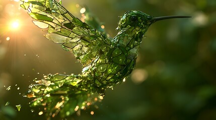 Fototapeta premium Abstract hummingbird made of vibrant green leaves and foliage in nature.