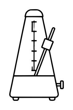 Hand-traced metronome vector icon illustration in minimalist black line art style, depicting a classic pyramid-shaped mechanical tempo keeper with pendulum arm, weight slider, and winding key on