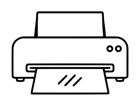 Black outline vector illustration of a desktop printer with paper feed tray and output sheet, simple line art icon for office equipment and document printing technology themes