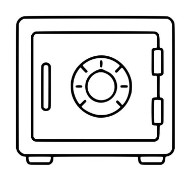 Hand-traced vector illustration of a classic safety deposit box with combination dial and handle, simple monochromatic line art style icon for security and finance use