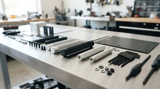 Machine handles and enclosure hardware with knurled grips, mounting brackets, fasteners, hex keys, and sheet metal panels
