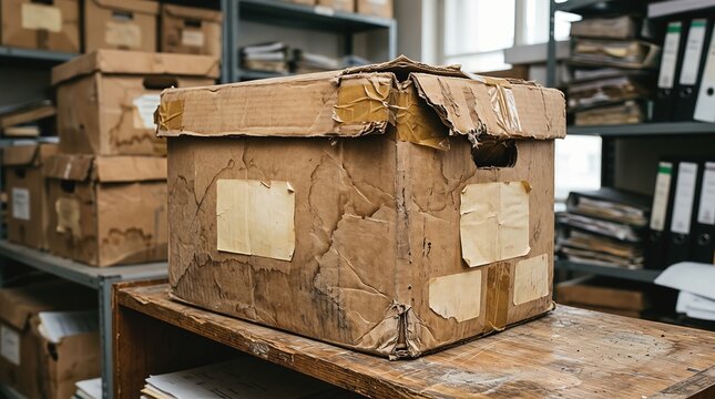 Old damaged cardboard archive box on a wooden shelf in a messy storage room
