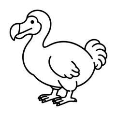 Hand traced vector icon illustration of a dodo bird, black outline drawing depicting the extinct flightless bird with a large curved beak, plump body, short legs, and fluffy tail feathers on a white © Mdatikul