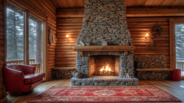 Majestic country cabin interior showcasing a large, rustic stone fireplace with glowing warm embers inside a cozy wooden room.
