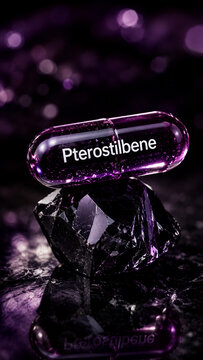 A purple pterostilbene capsule is placed on a dark crystal. The background is also purple, creating a vibrant contrast. The scene focuses on the capsule and crystal