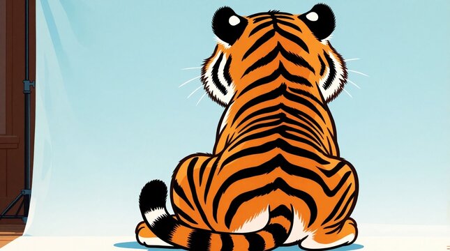 Orange tiger sits facing away from camera. Cartoon animal black stripes, long tail on blue background. Cute predator feline body view from back. Drawing of wild cat character for children book design
