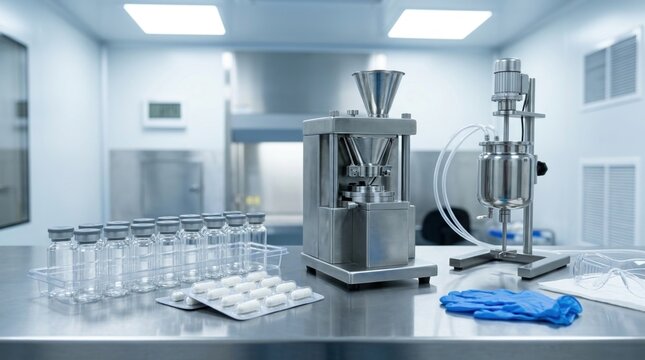 Sterile vials, capsules, blister packaging, stainless mixing vessels, and tablet press tool on clean laboratory bench