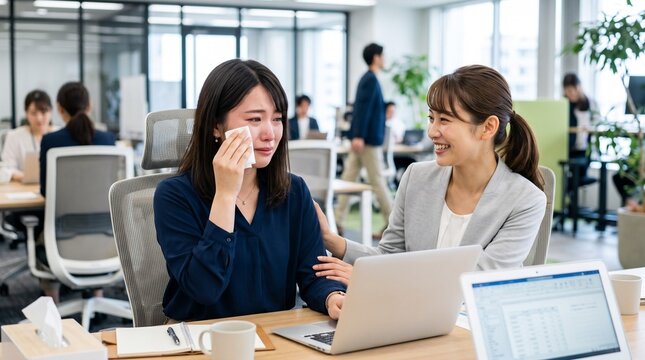 ノートパソコンが置かれた自席に座り、隣に座る笑顔の同僚からの言葉で感動のあまり涙ぐんでしまう20代日本人女性社員のクローズアップ