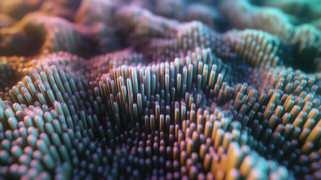Close-up of an abstract digital micro-structure featuring illuminated, densely packed rods forming an ethereal undulating terrain with a vibrant, glowing surface