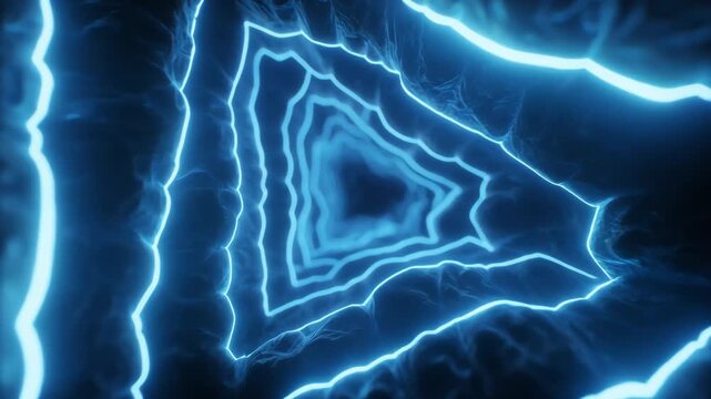 Cinematic Macro Shot of Luminous Blue Neon Barrier Layers Forming Concentric Triangular Energy Shapes in a Dark Space