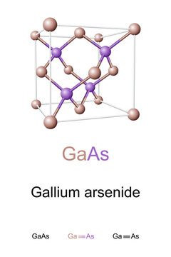 Gallium arsenide, GaAs, cubic crystal structure. Cube shaped unit cell of a semiconductor with a III-V band gap, used for microwave integrated circuits, LEDs, laser diodes, and solar cells. Vector