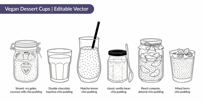 Illustrated collection of vegan dessert cups with various chia pudding flavors