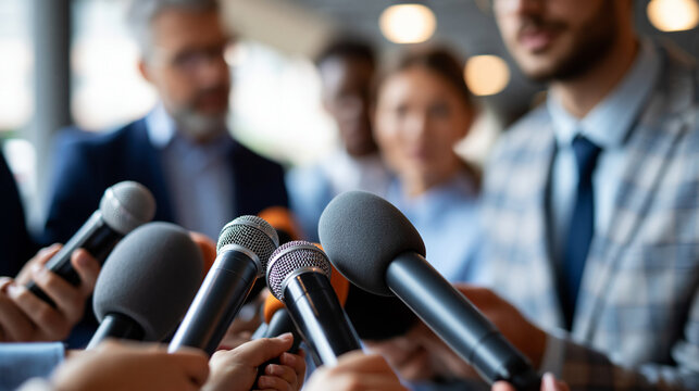 At a well-lit media scrum, a generic public official speaks into several reporters&rsquo; microphones, bright neutral background, formal clothing, professional expressions, public affairs,