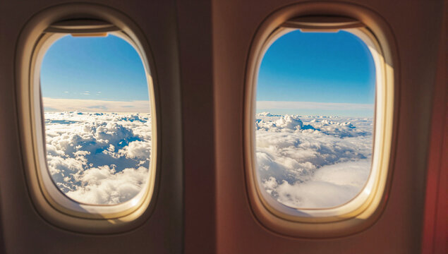 Two airplane windows show a blue sky and white clouds below.