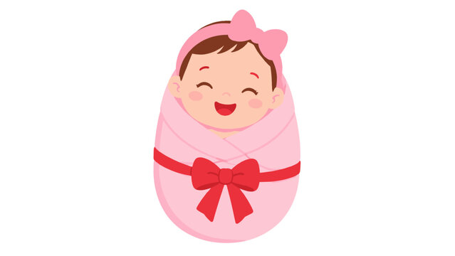 Smiling baby girl swaddled in pink blanket with red bow