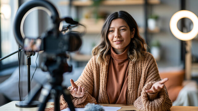 A professional camera records a confident woman filming an educational tutorial in a bright home studio, ring light, microphone and simple d&eacute;cor visible, content creation, video production,