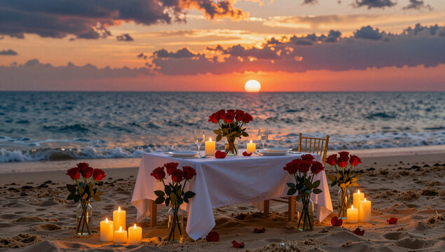 Romantic beach sunset dinner setup with candles and roses.