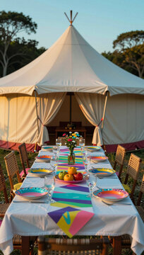 Elegant outdoor tent setup for a colorful celebration.