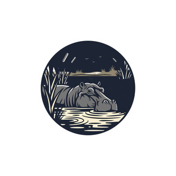 Hippo submerged water marsh reeds night scene illustration