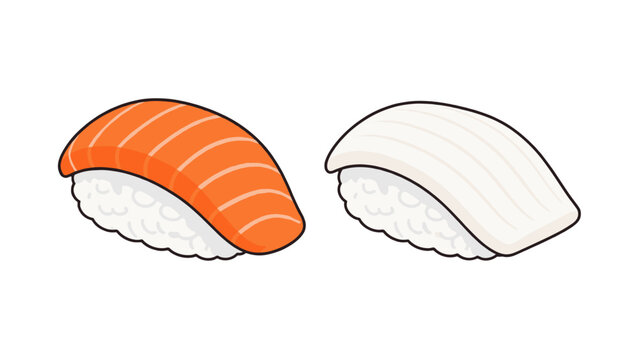 Salmon and squid nigiri sushi set in simple vector style
