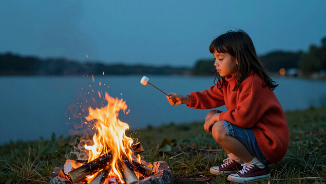 The child is roasting marshmallows by the campfire at dusk.