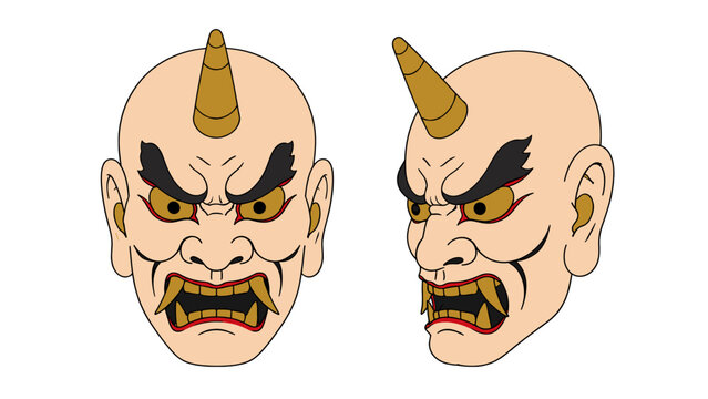 Horned demon mask with front and side views
