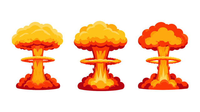 Cartoon mushroom cloud explosion set on white background