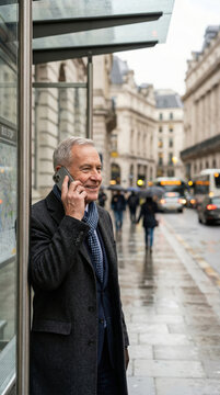 Mature man talking on smartphone at rainy city bus stop. Senior businessman using mobile network for wireless communication. 5G technology, cellular connectivity and mobile internet access.
