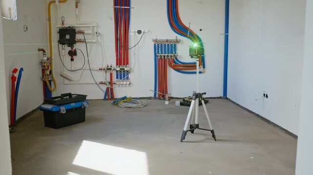 Laser level on tripod projecting green beam in unfinished room with plumbing pipes. Footage serves well for construction, home renovation, and engineering services marketing